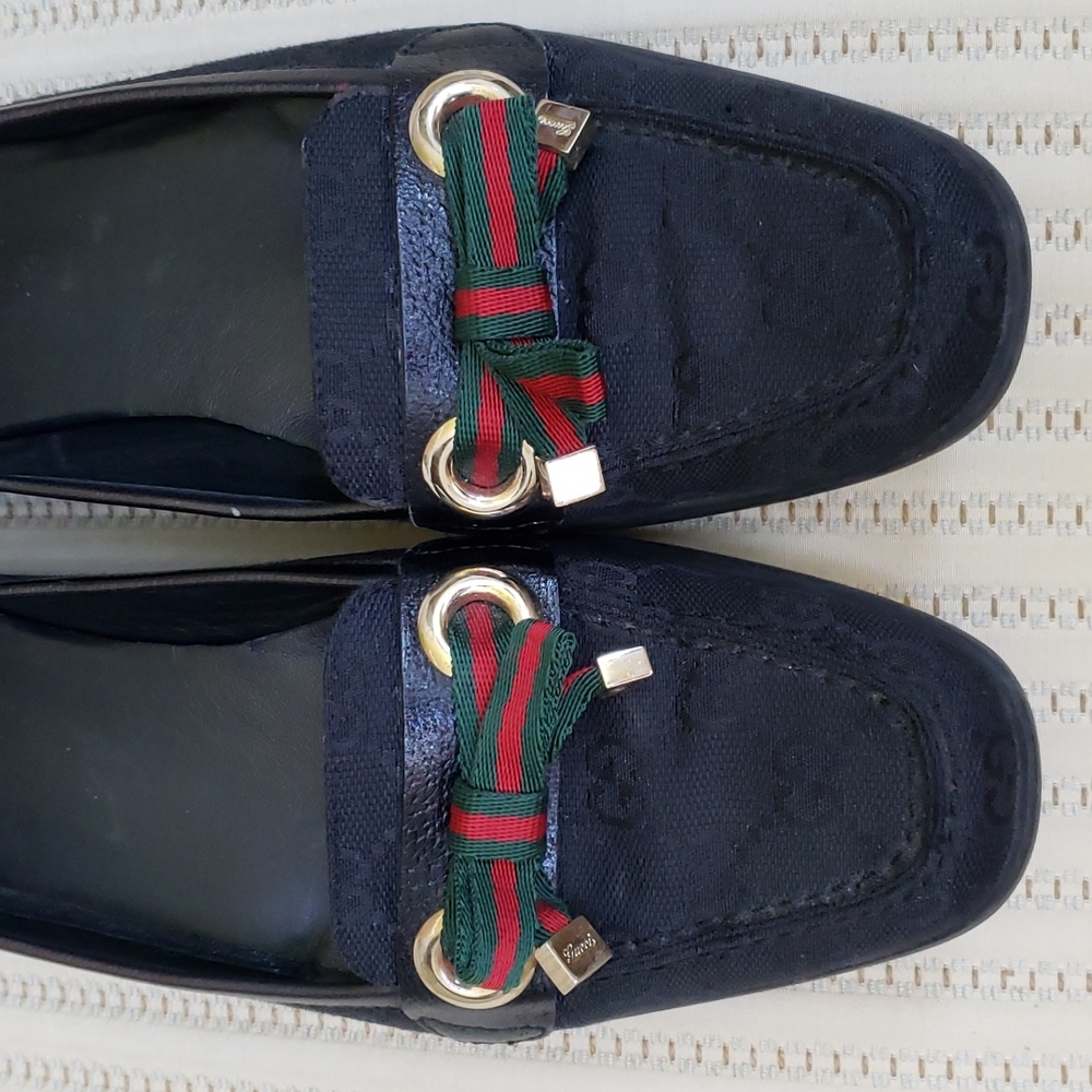 GUCCI GG WEB BLACK CANVAS LOAFERS FLATS